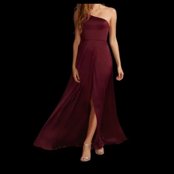bridesmaid dress styles for all body types Betsy & Adam Plus Size Asymmetrical Neck Long Dress - Slate